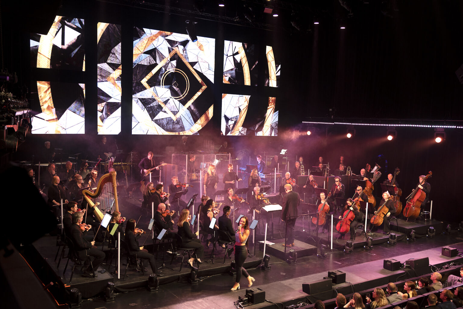 Stage with orchestra and large LCD screen